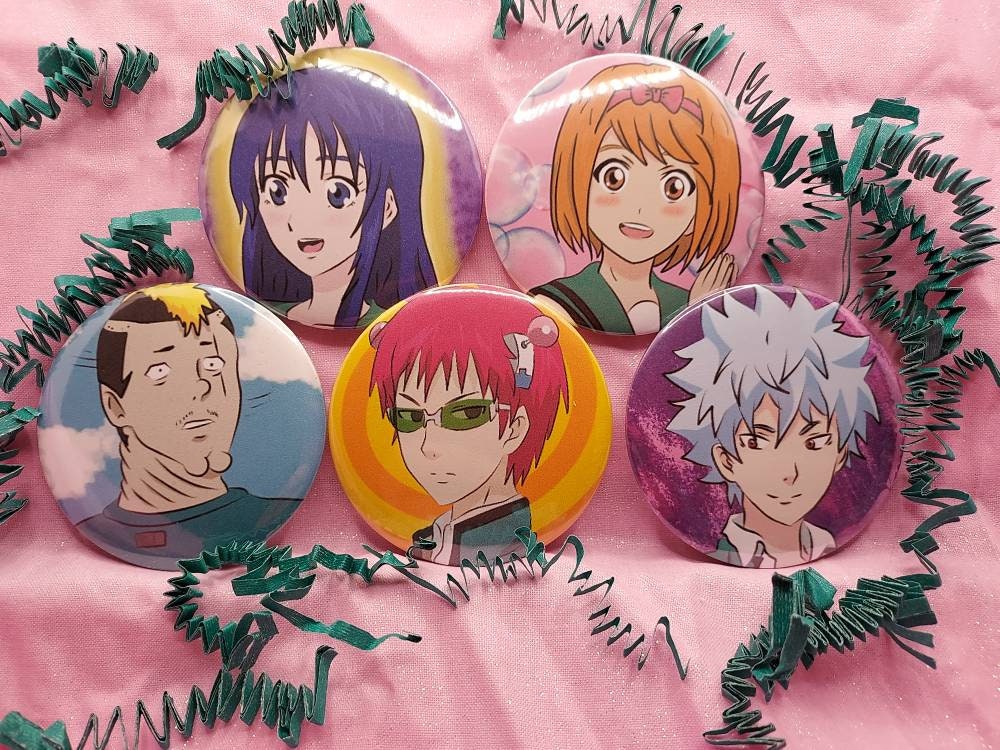 Saiki K Anime 2.25 inch Pin Back Buttons WITH FREE STICKER