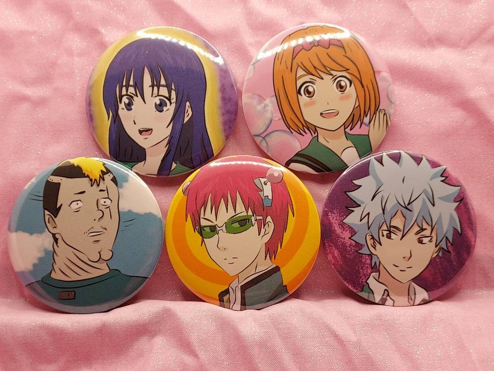 Saiki K Anime 2.25 inch Pin Back Buttons WITH FREE STICKER