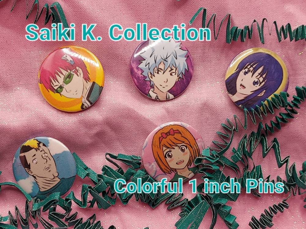 Saiki K. 1 inch anime pin back buttons WITH FREE STICKER