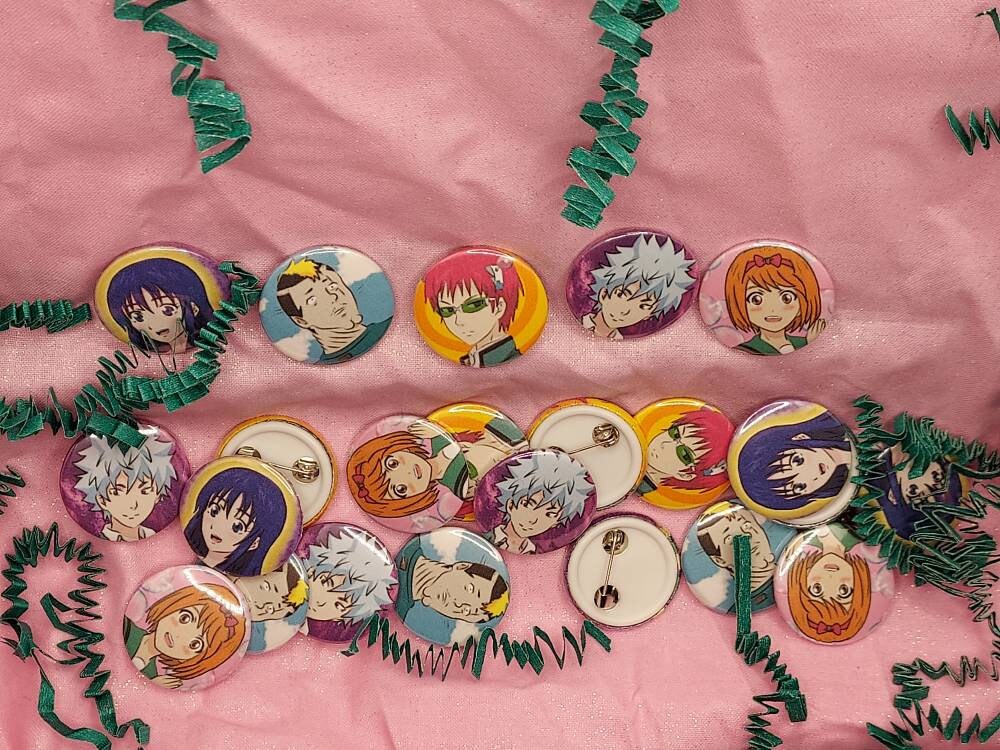 Saiki K. 1 inch anime pin back buttons WITH FREE STICKER