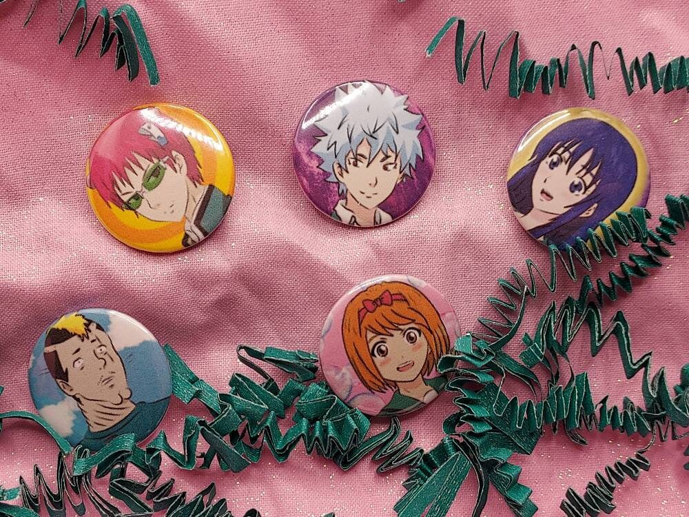 Saiki K. 1 inch anime pin back buttons WITH FREE STICKER