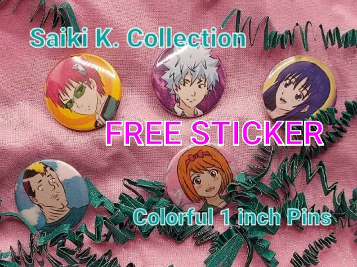 Saiki K. 1 inch anime pin back buttons WITH FREE STICKER