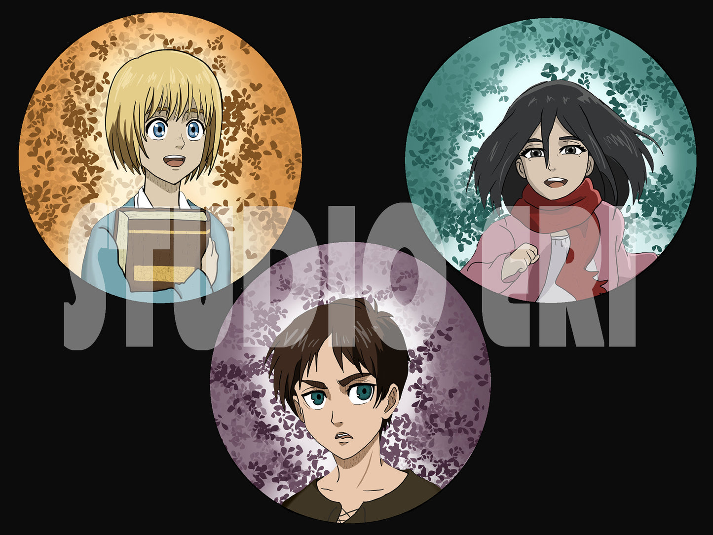 Eren, Mikasa and Armin 2.25 Pin Back Buttons with FREE STICKER